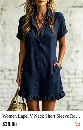 Women Lapel V Neck Short Sleeve Romper, Button Front Ruffle Hem Lightweight Jumpsuit With Pockets, Casual Summer Outfit For Daily Vacation Beach Wear
