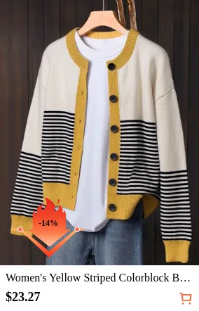 Women's Yellow Striped Colorblock Button-Front Cardigan Sweater, Slouchy, Suitable For Autumn/Winter