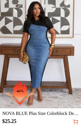 NOVA BLUE Plus Size Colorblock Denim Midi Dress, Women's Short Sleeve Crew Neck Patchwork Bodycon Dress With Pockets, Casual Slim Fit High Waist Jean Dress