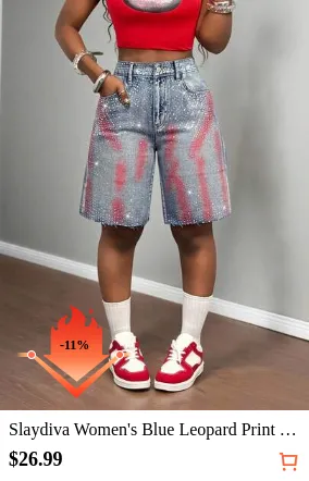 Slaydiva Women's Blue Leopard Print Denim Shorts,Summer Street Style Ripped Bermuda Jorts,Shiny Diamond Rhinestone Loose Low Waist Jean Pants For Concert