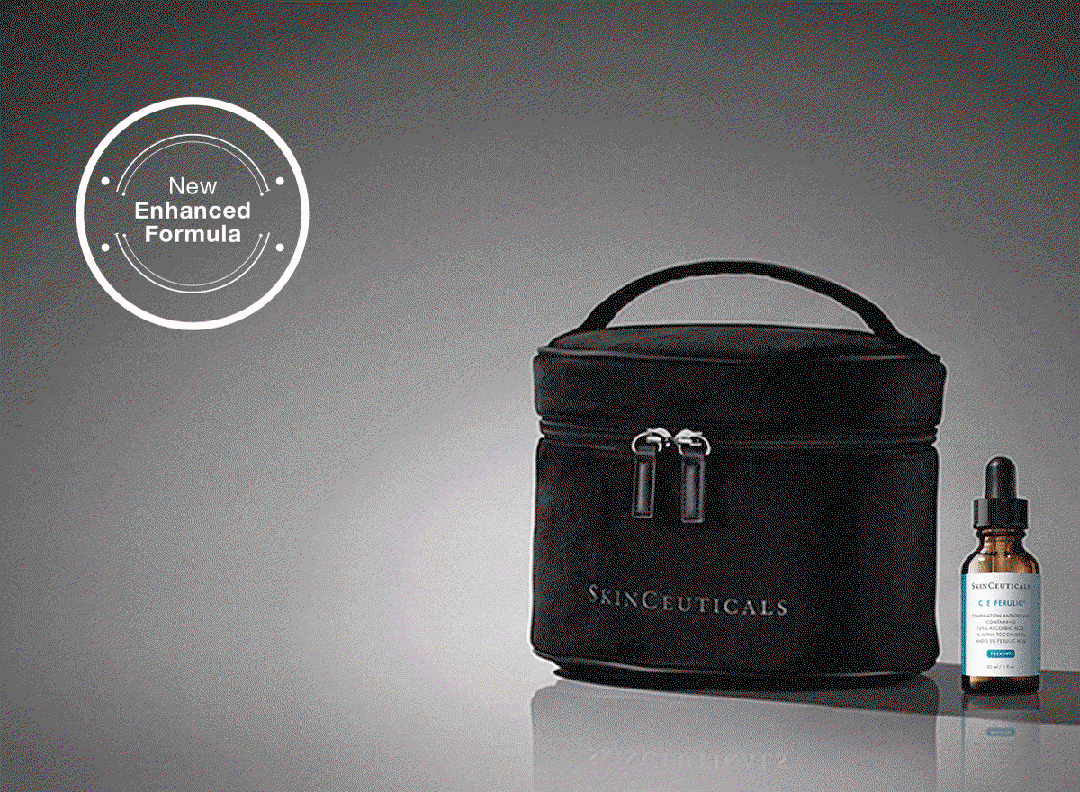 SkinCeuticals skincare products including C E Ferulic, P-TIOX, Triple Lipid Restore, and a premium black zippered vanity case. Badge reads: New Enhanced Formula.