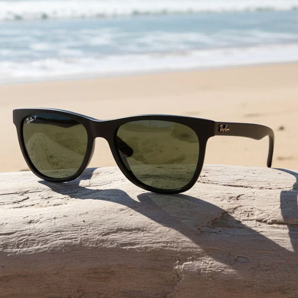 Ray-Ban black wayfarer sunglasses with polarized lenses resting on sand at the beach with ocean waves in background.
