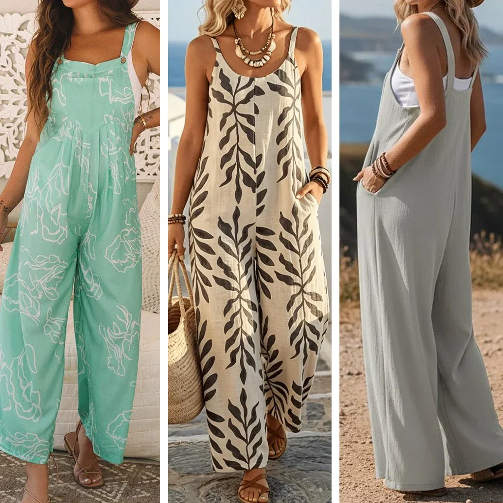 Three women wearing casual jumpsuits in mint green, beige with leaf print, and white, styled for summer vacation wear.