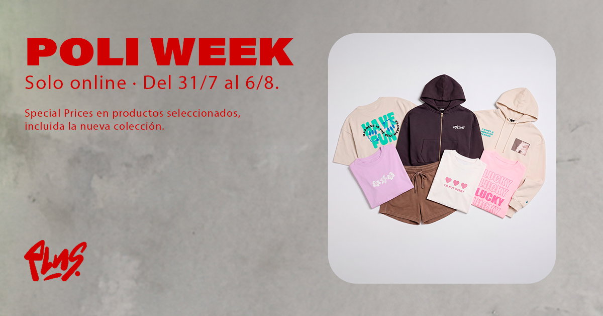 Promotional banner reading 'POLI WEEK' with online sale dates and a flatlay of pastel hoodies, graphic t-shirts and brown shorts on a pale background