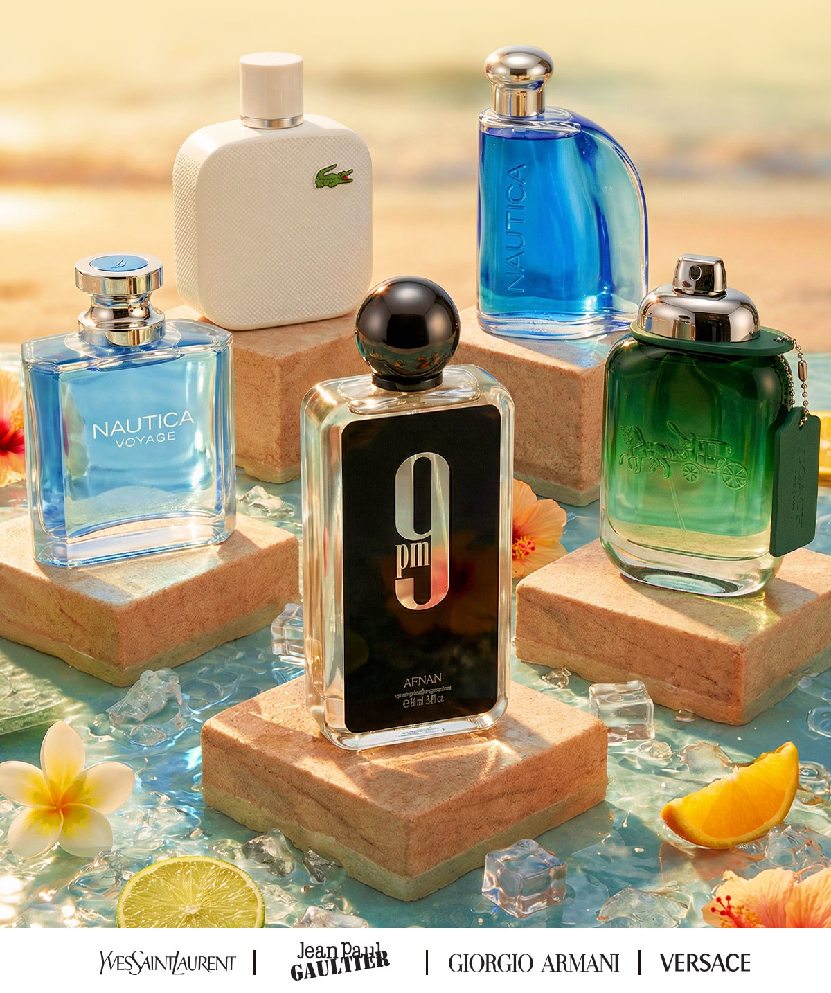 A summer display of popular fragrances sits on the beach