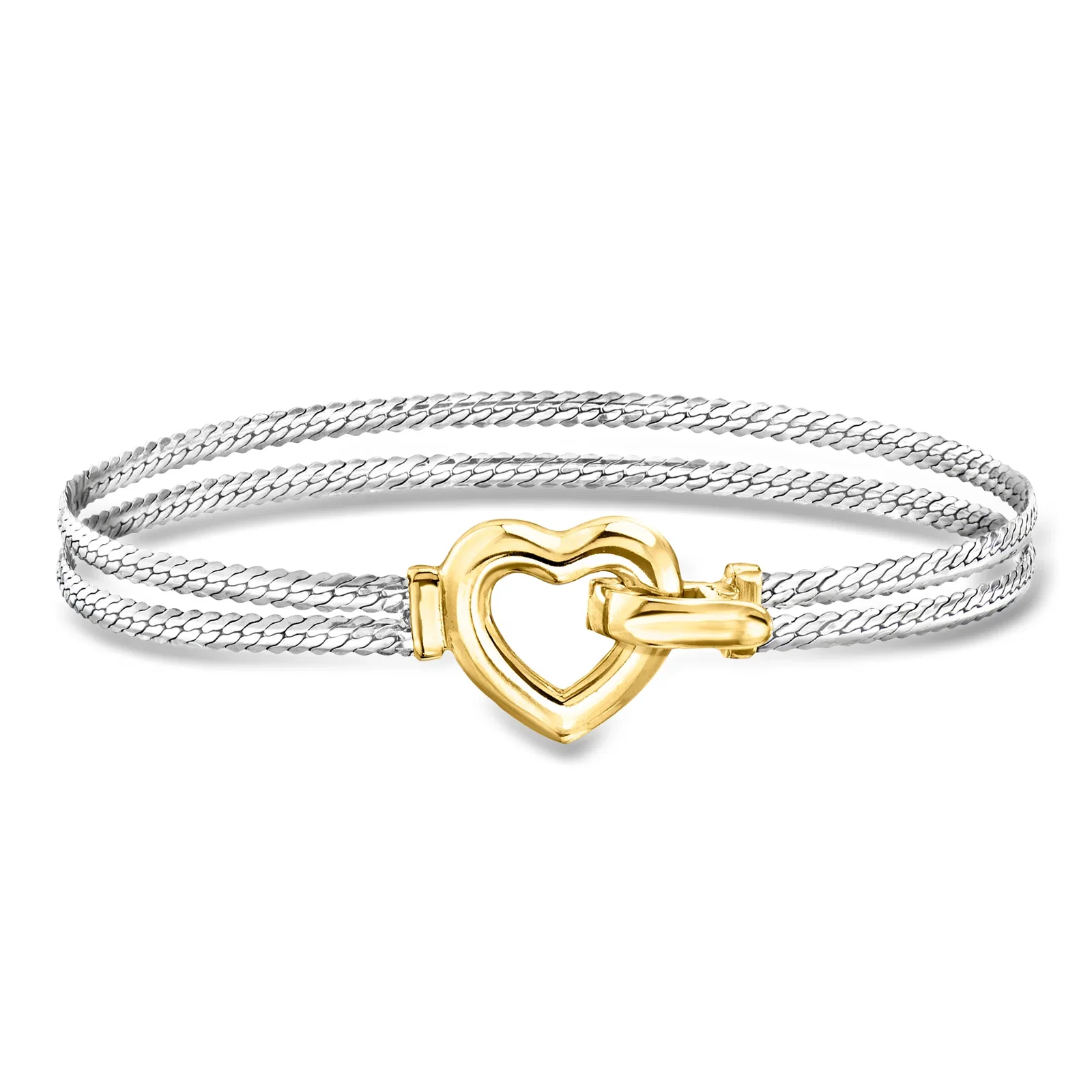 Image of Silver and 14kt Gold-Plated Two-Strand Cuban-Link Heart Bracelet