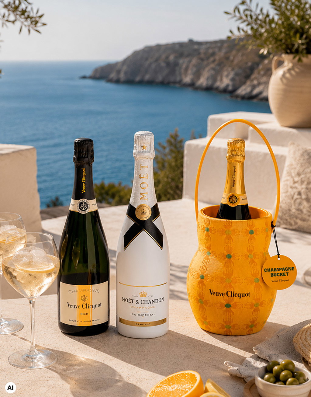 Terrace still life: three champagne bottles with an orange Veuve Clicquot bucket, two wine glasses, olives and orange slice against a blue sea view