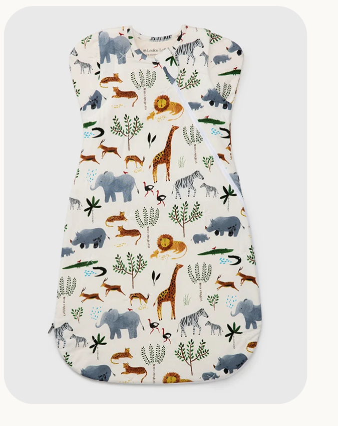 cream baby sleep bag with safari animal print