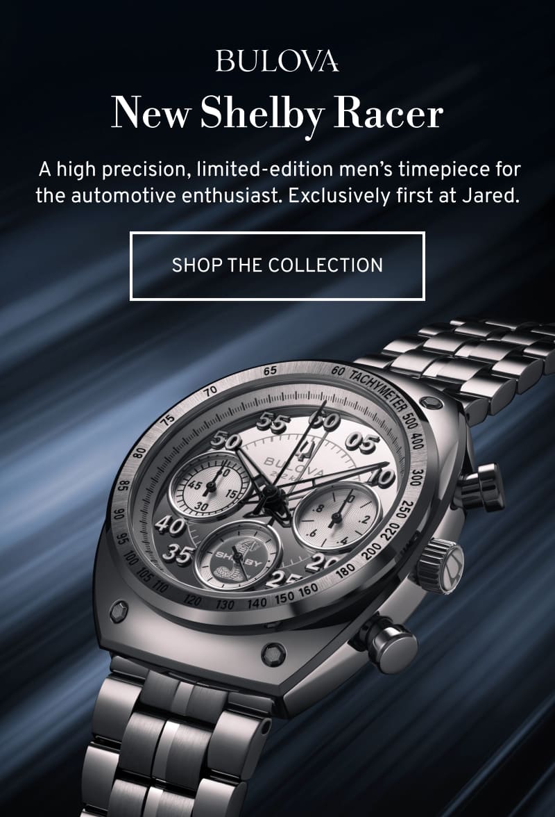 A dark silver Bulova Shelby Racer, limited-edition watch, available exclusively first at Jared. Click to Shop the Collection