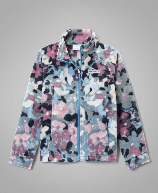 Flatlay of a grey, purple, and blue printed fleece jacket.