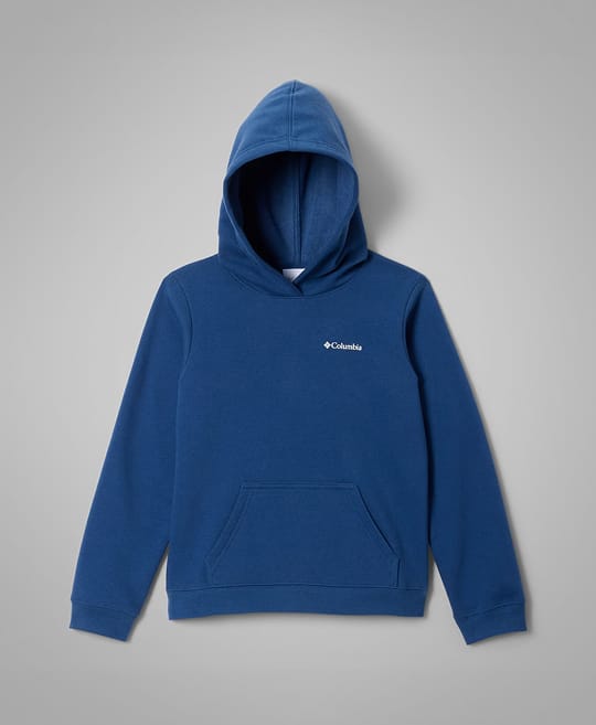 Flatlay of a blue pullover hoodie.