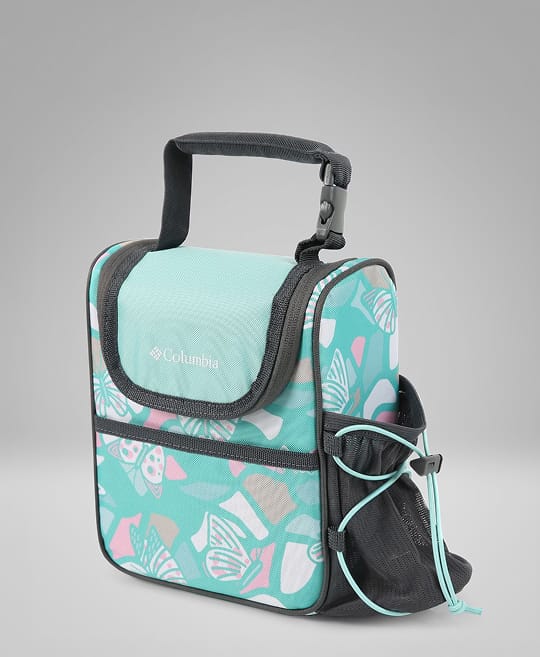 A pink and blue lunch box against a gray background.