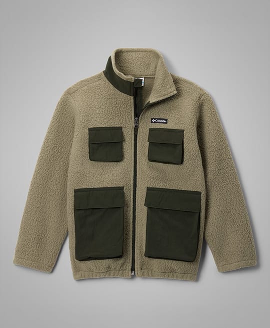 Flatlay of a green fleece jacket.