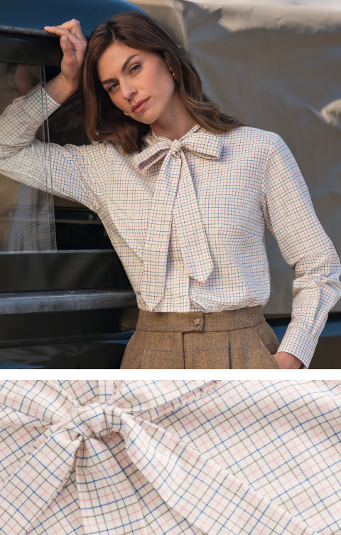 Ladies Tie Bow Tattersall Shirt