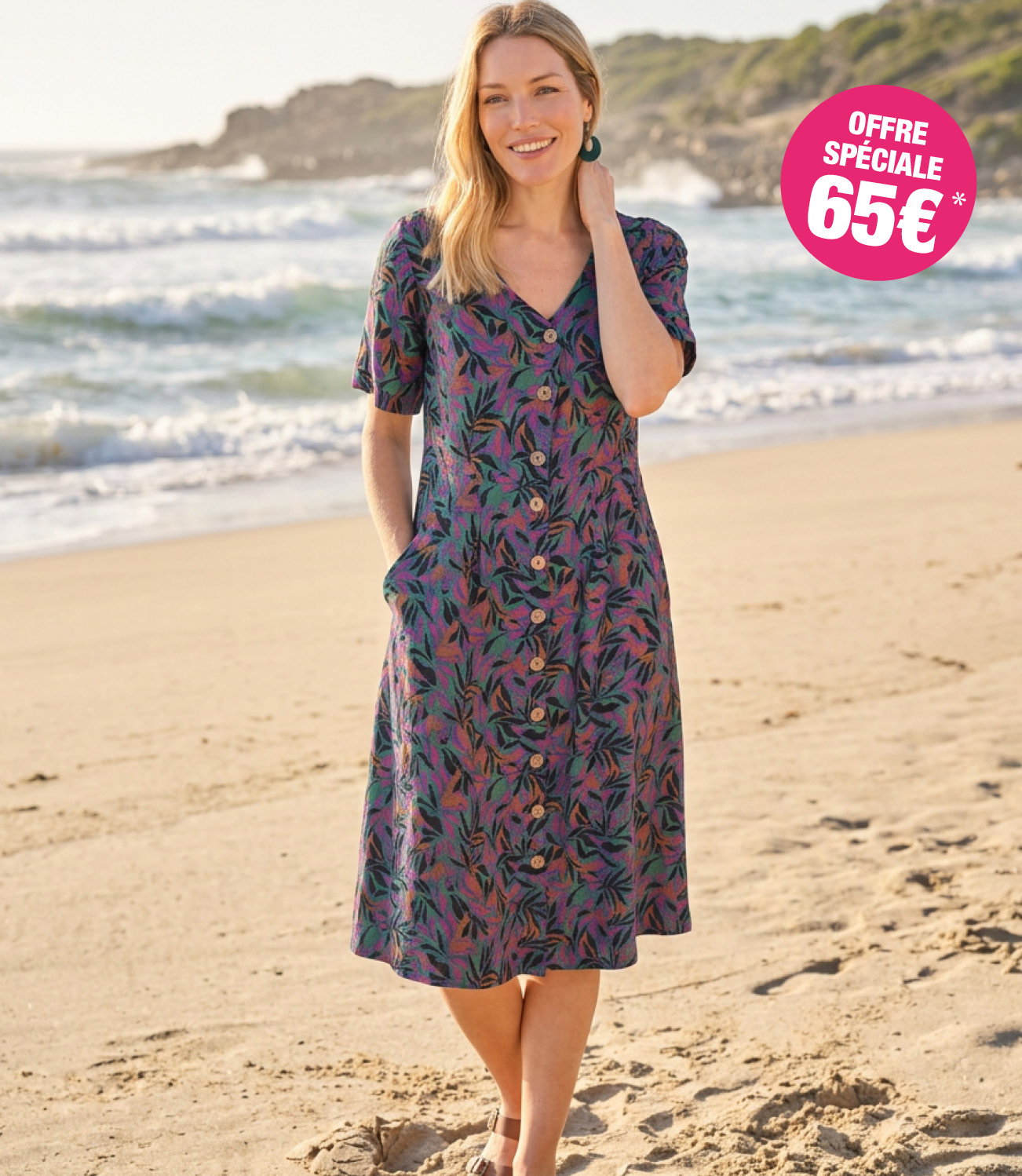 Robe boutonnée en lin à col en V - Femme