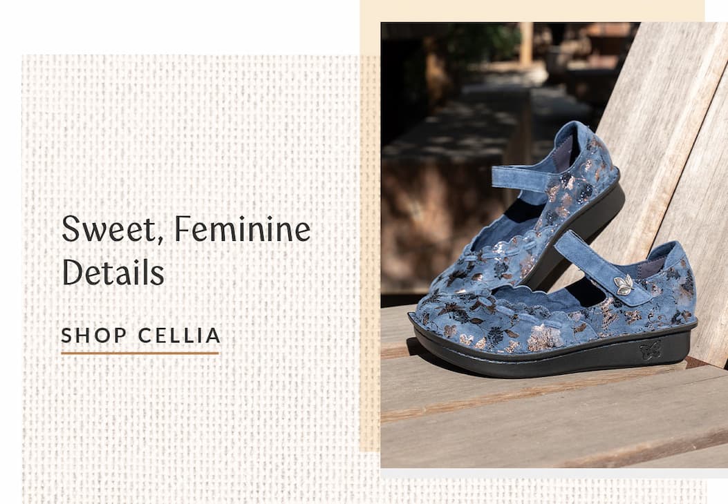 A pair of blue patterned Alegria Cellia Mary Jane shoes resting on a wooden bench. Text reads "Sweet, Feminine Details."