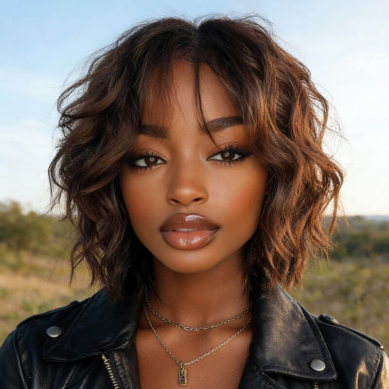 IDefinewig Bye Bye Knots Wear and Go Wigs Trendy Brown Short Wigs with Bangs Human Hair Wigs For Women