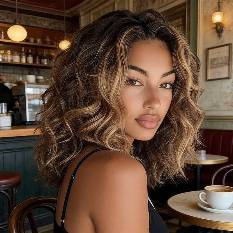 Wear And Go Wigs Brown with Blonde Highlights Bob Wave Glueless Human Hair Wigs
