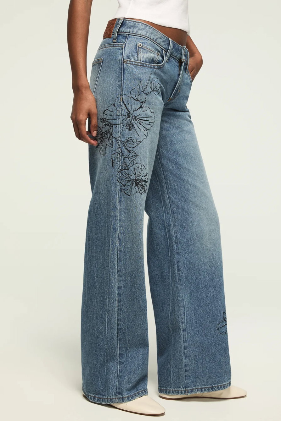 Image of Lucky Brand Embroidered Baggy Wide Leg - Women's Pants Denim Wide Leg Jeans in Island Time Wash