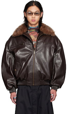 Brown Faux-Leather Cargo Flight Jacket - LU'U DAN