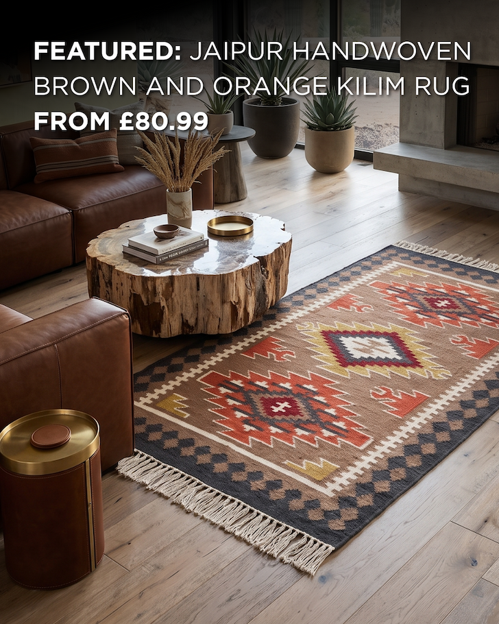 featured: Jaipur Handwoven Brown and Orange Kilim Rug From £80.99