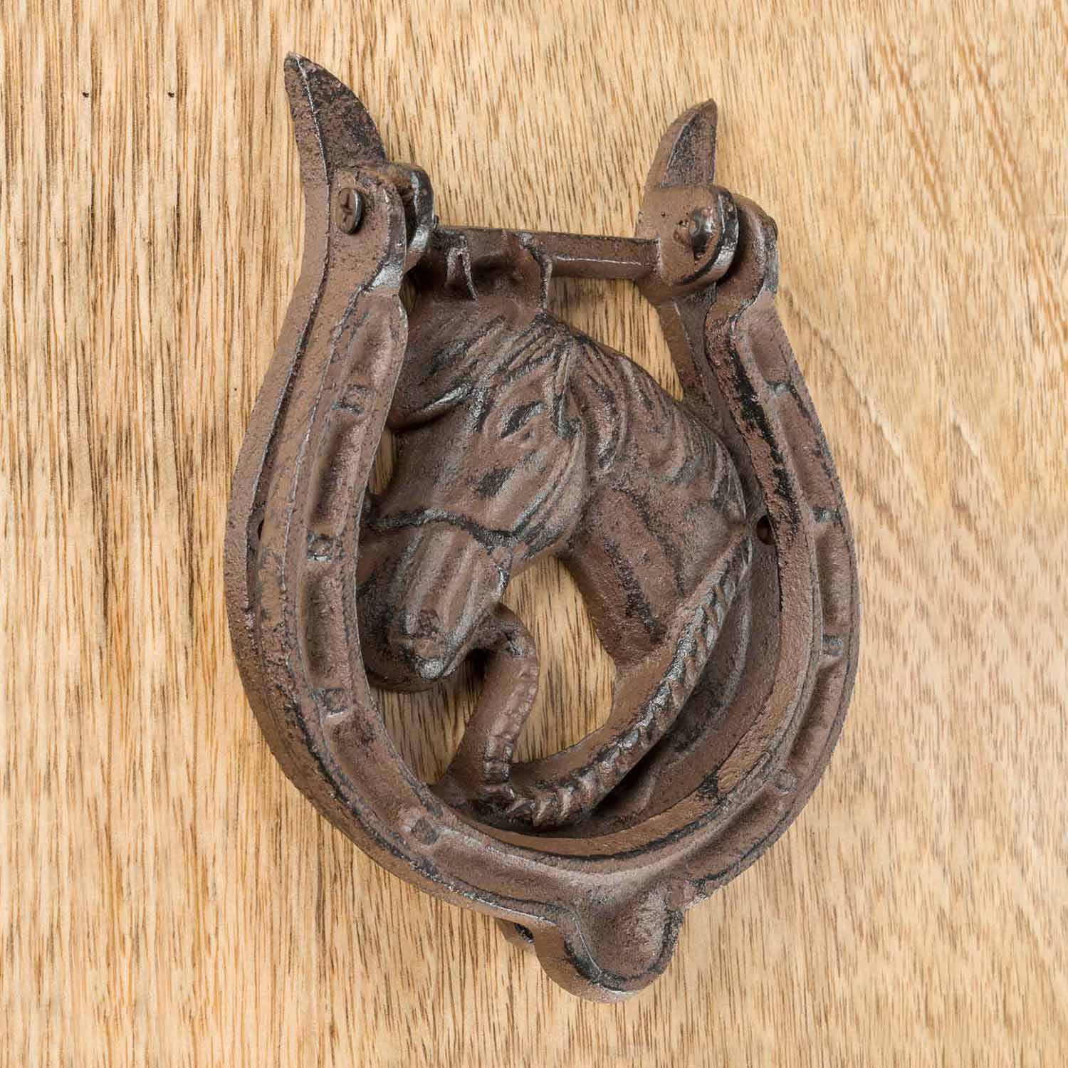 Image of Brown Horse and Horseshoe Cast Iron Door Knocker
