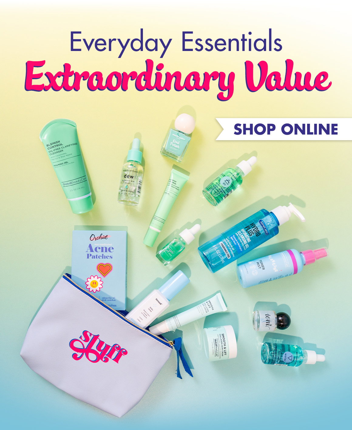 Everyday Essentials. Extraordinary Value. Image of personal care and beauty items arranged on a surface.