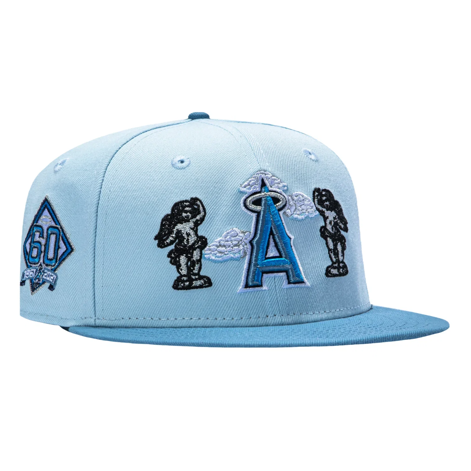 Image of New Era 59Fifty Los Angeles Angels 60th Anniversary Patch Cherub  Hat - Light Blue, Indigo