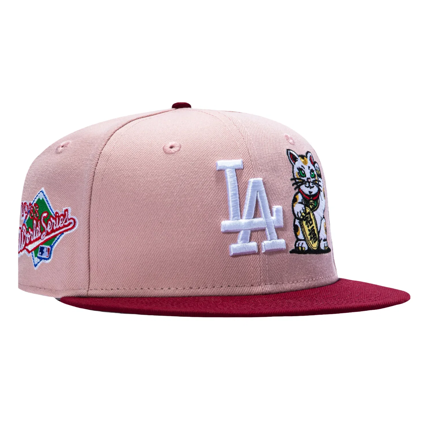 Image of New Era 59Fifty Los Angeles Dodgers 1996 World Series Patch Lucky Cat Hat - Pink, Cardinal