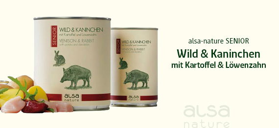 alsa-nature SENIOR
Wild & Kaninchen mit Kartoffel & Löwenzahn
