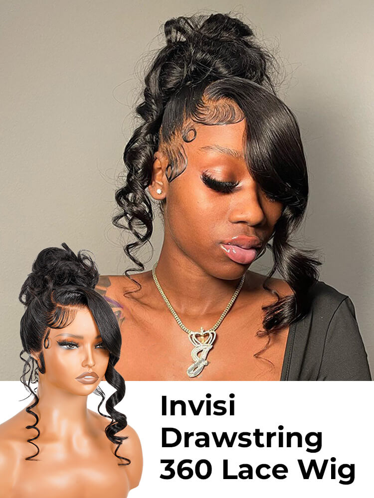 Glueless Invisi Drawstring 360 Lace Wig Miss Buns With Side Part Bangs Style