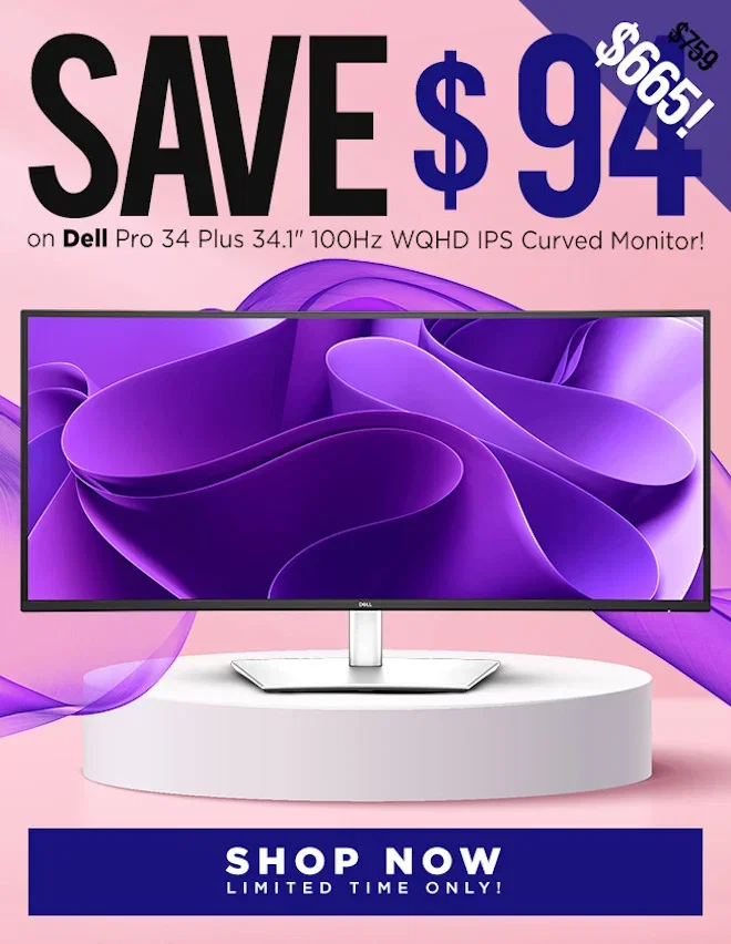 SAVE Dell Pro 34 Plus 34.1" 100Hz WQHD IPS Curved Monitor!