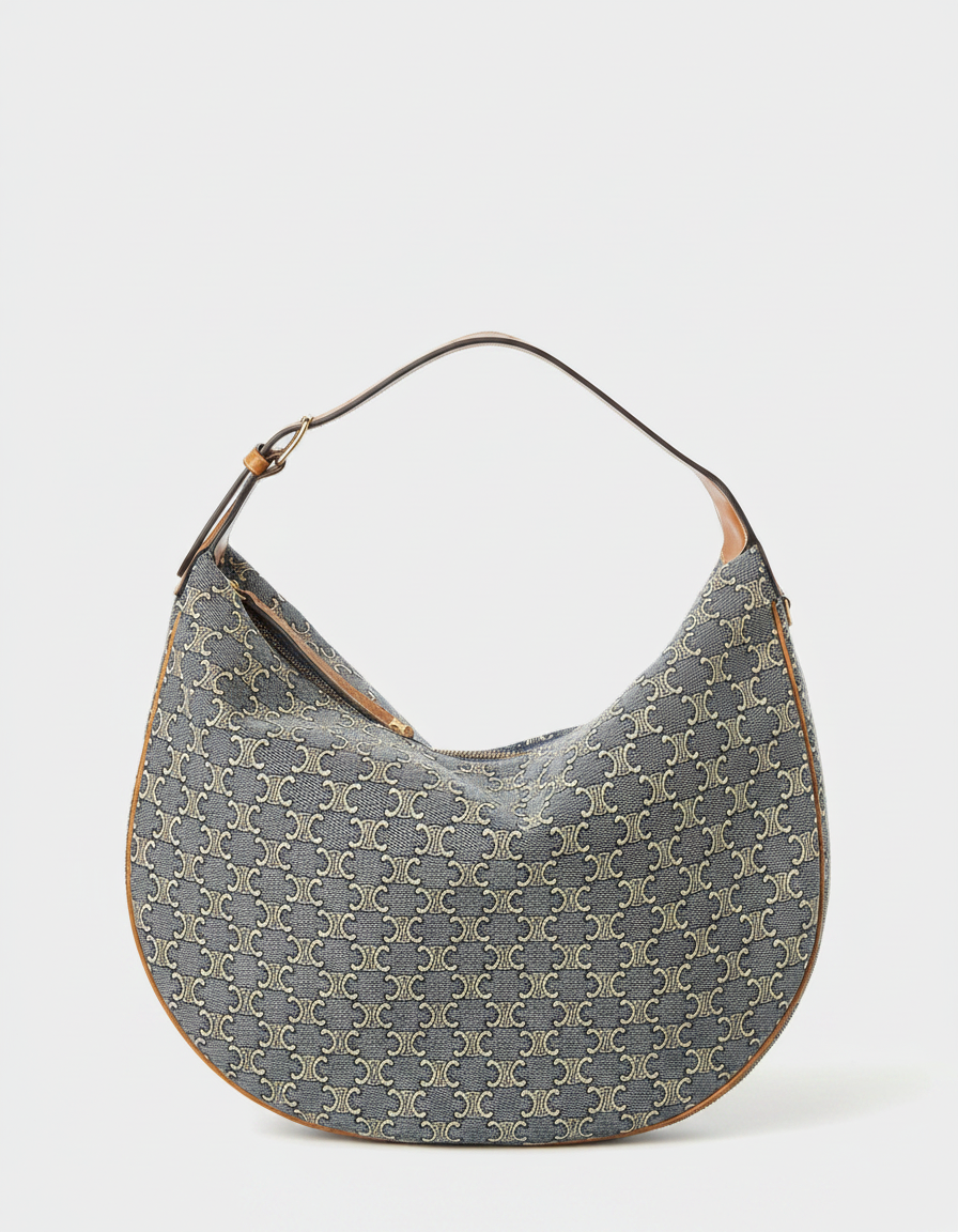 A grey Celine hobo bag with a repeating logo pattern and tan trim.