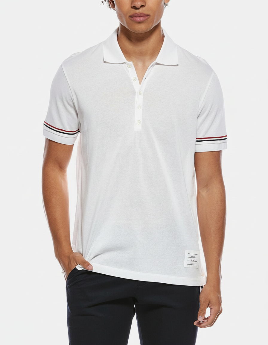 Man in a white polo shirt with striped sleeves and navy pants.