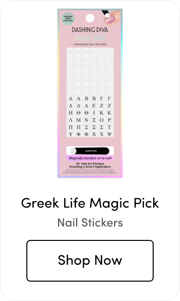 Package of Dashing Diva Greek Life Magic Pick nail stickers featuring Greek alphabet letters, labeled 