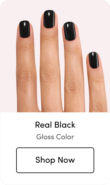 Hand with glossy black nail polish, labeled 