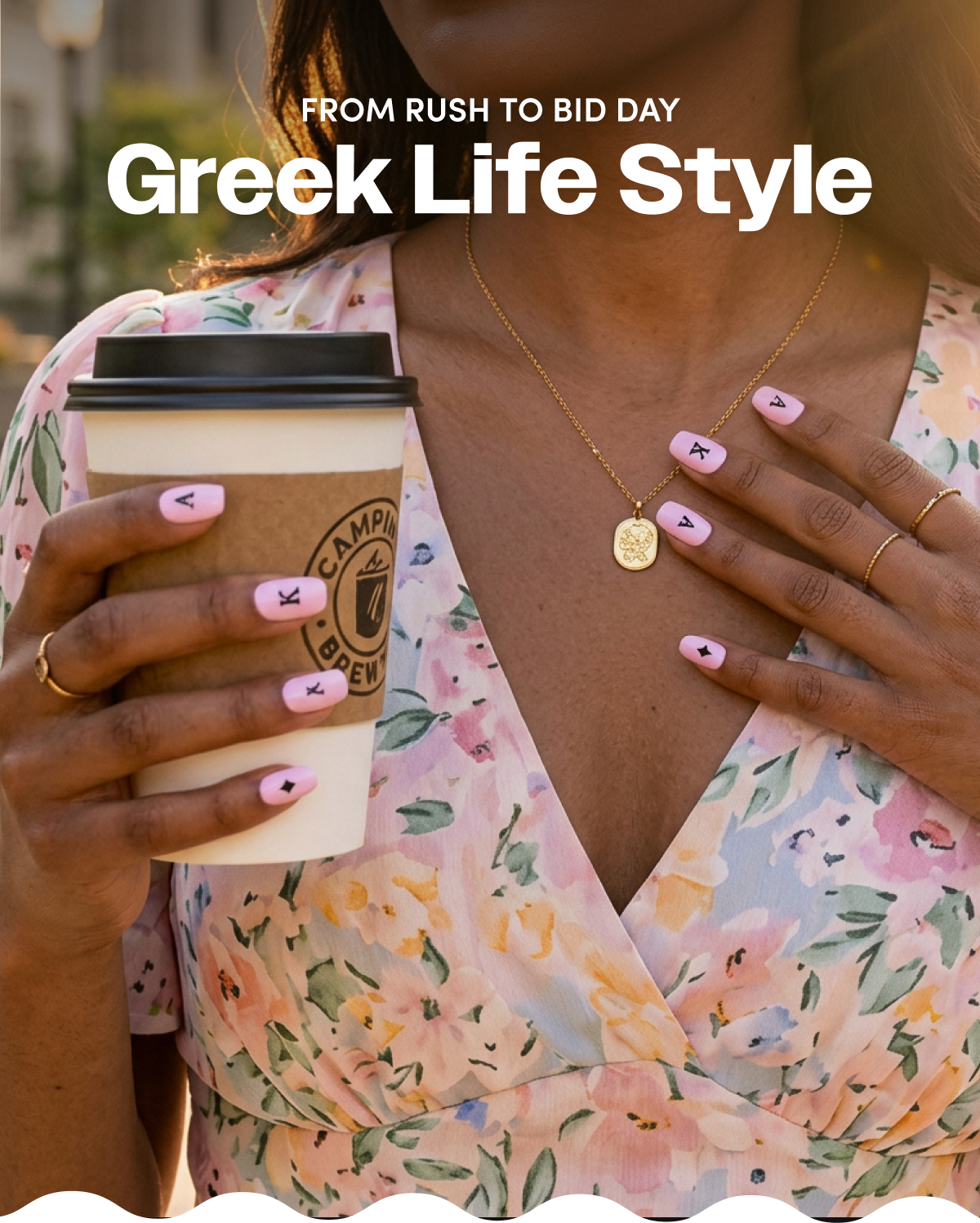 Woman in ripped jeans and black high-top sneakers showing pink nails with Greek letter designs, headline reading 