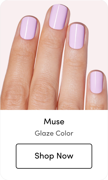Hand with light purple glaze nail polish, labeled 