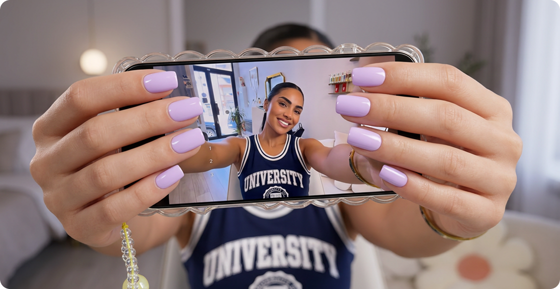 Three-panel collage of a woman taking a phone selfie wearing a navy 