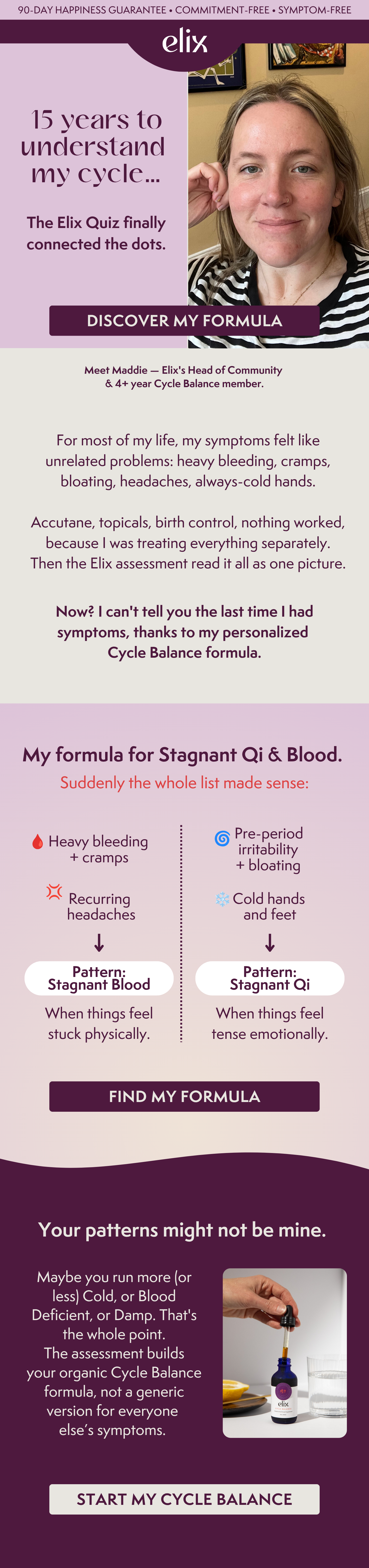 Elix featuring Maddie, Head of Community and 4+ year Cycle Balance member, sharing her story of connecting scattered cycle symptoms through the Elix Quiz. Includes her personalized herbal formula — Motherwort, Cyperus, White Peony, and Corydalis — with a 'Discover My Formula' CTA.