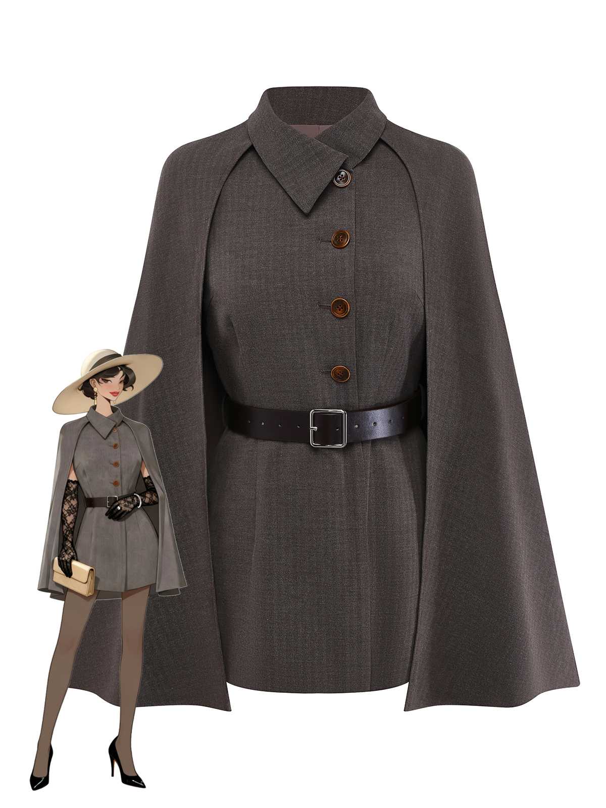 1940s Lapel Belted Jacket With Detachable Cape