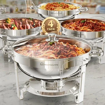 Warmounts 4-Pack Chafing Dish Buffet Set, 5QT Round Buffet Servers and Warmers Set, Stainless Steel Catering Food Warmer with Glass Lid & Holder for Party Home Garden Wedding