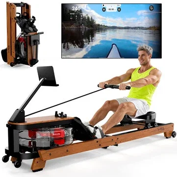 [EU Direct] Bominfit V-W3M Solid Oak Water Rowing Machine for Home, 14L Large Water Tank Rower with Kinomap App Bluetooth, 98% Pre-Assembled, Foldable 180kg Max Load