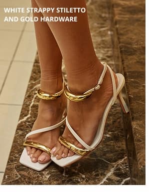 WHITE STRAPPY STILETTO AND GOLD HARDWARE
