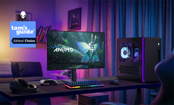 Gaming set up using the AW2726DM Monitor along with Alienware accessories and Tom's Guide Editors' Choice Badge