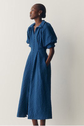 English Factory Puff-Sleeve Textured Midi Shirtdress