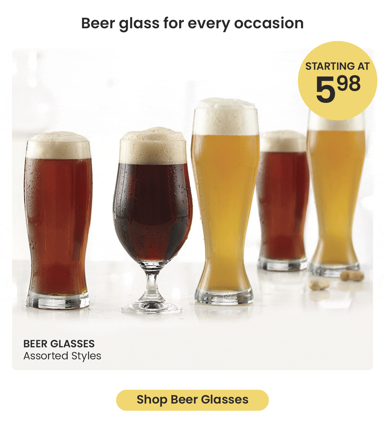 Assorted beer glasses in a variety of styles.