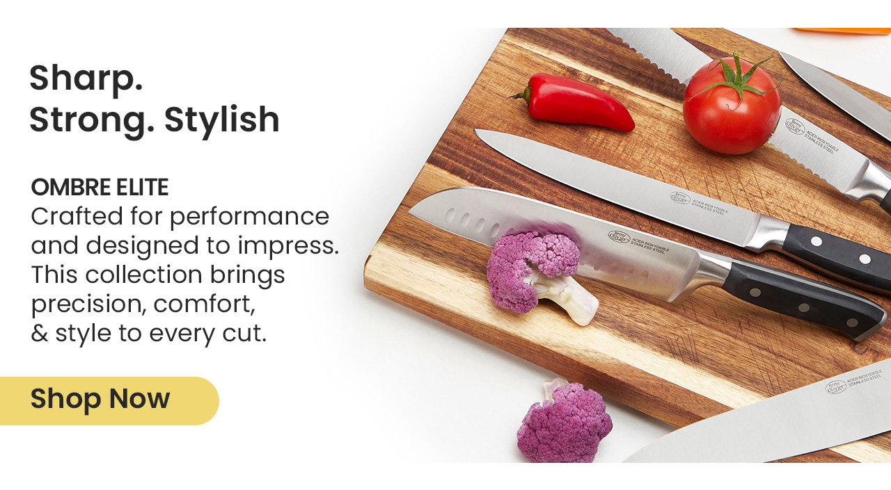 Ombre Elite knife collection displayed on a wooden cutting board.