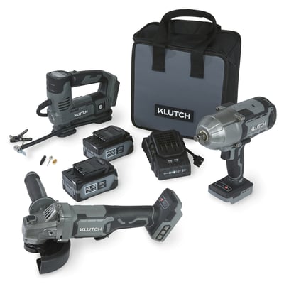 Klutch 20V High-Torque 1/2in. Impact Wrench Kit with Inflator, Angle Grinder and 2 KLiQ 20V, 4.0Ah Batteries