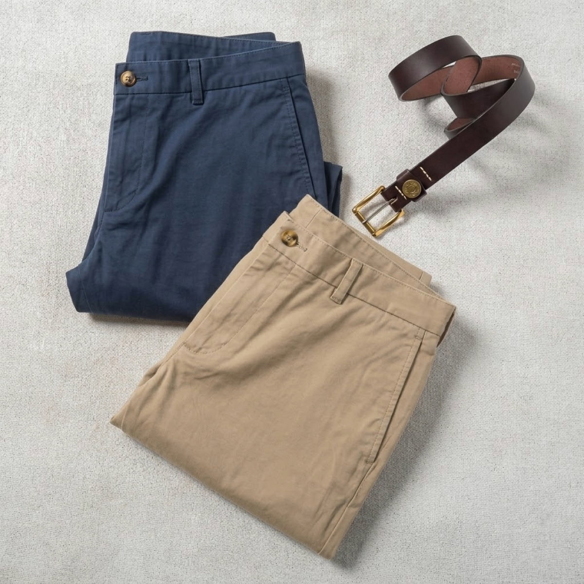 Two pairs of Bills Khakis Keystone twill shorts lay on a light surface with a Bills Khakis belt